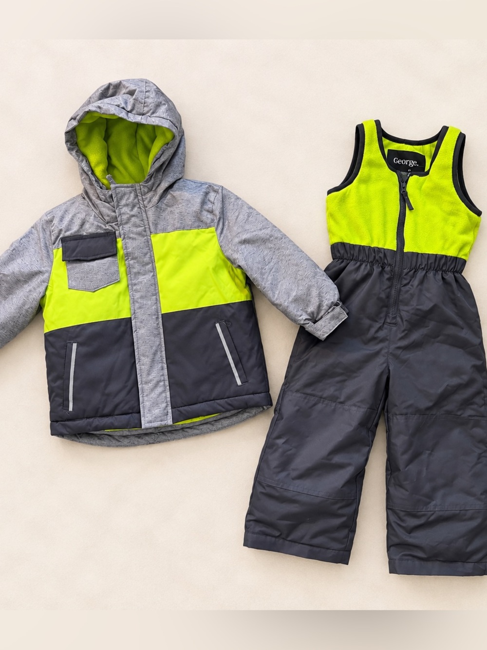 George 3T Snowsuit EUC Lime Green & Grey Kids Winter Jacket & Snow Bib Set